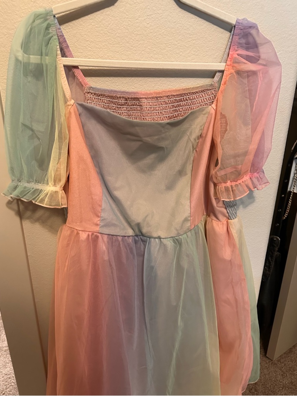 Pastel Rainbow Tulle Puff Sleeve Kids Dress